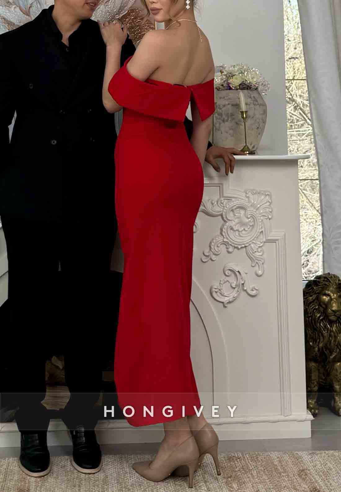 Off the Shoulder Red Elegant Side Slit Sheath Ankle-Length Evening Gowns