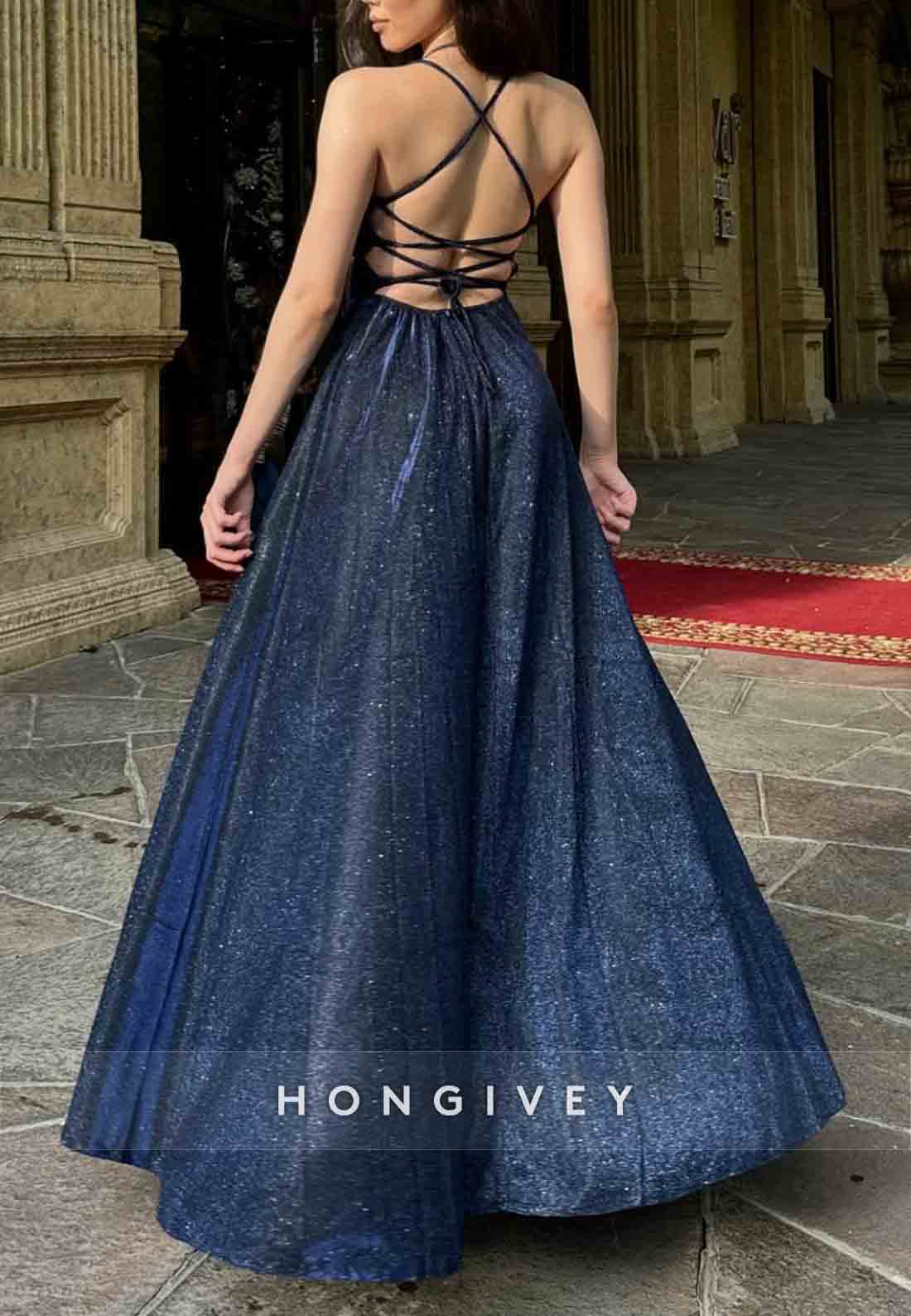 Glitter Side Slit Evening Gowns Sleeveless A-Line Halter Tie Back Evening Gowns