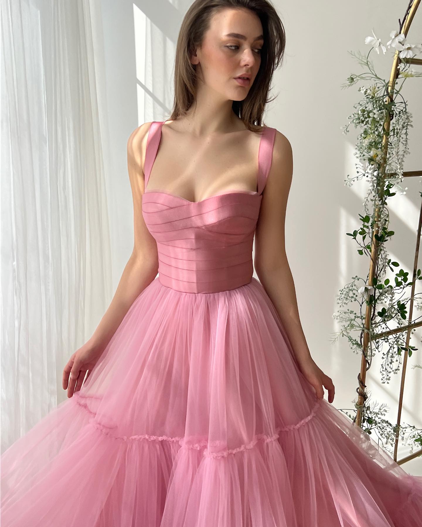 Simple Pink Square Neck Sleeveless Tulle A-Line Evening Dress Women