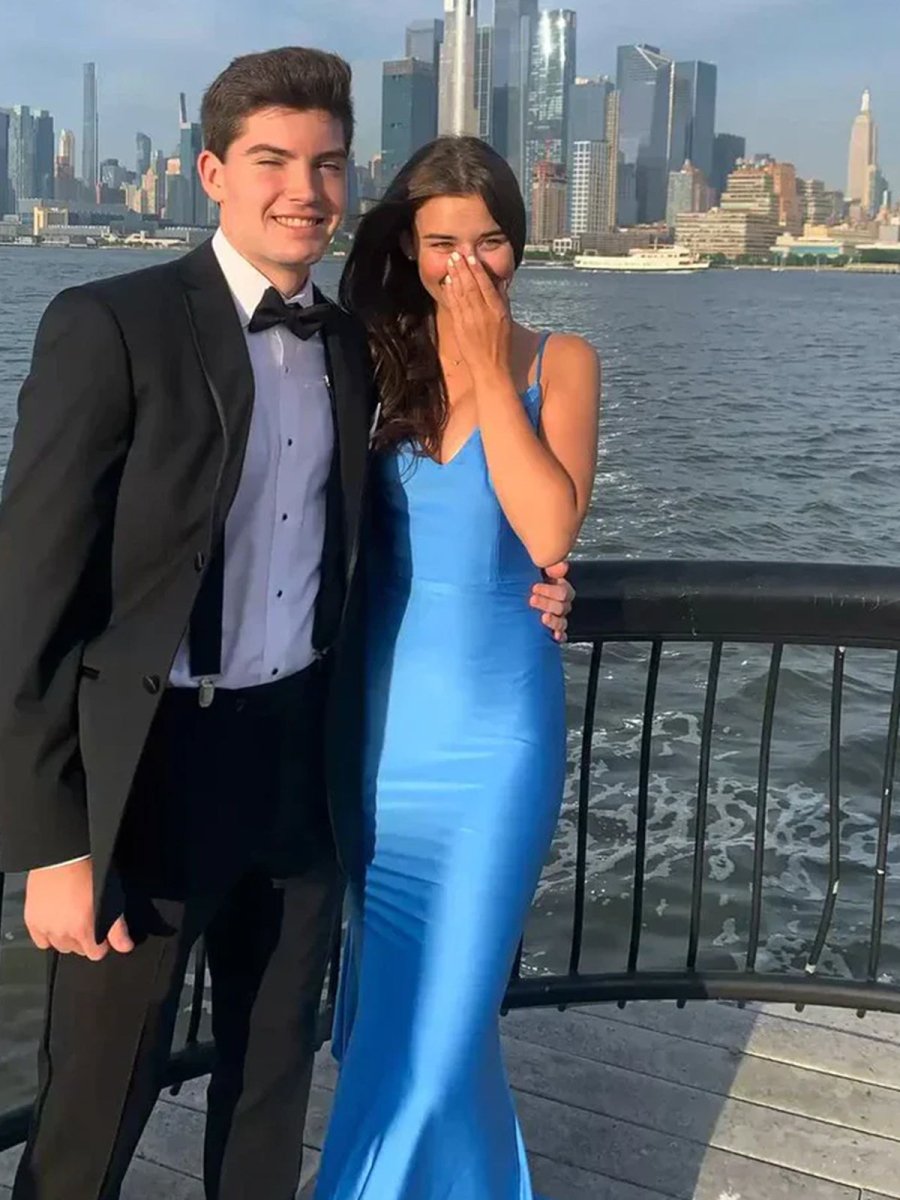 Blue Spaghetti Straps Mermaid Satin Backless Long Prom Dress