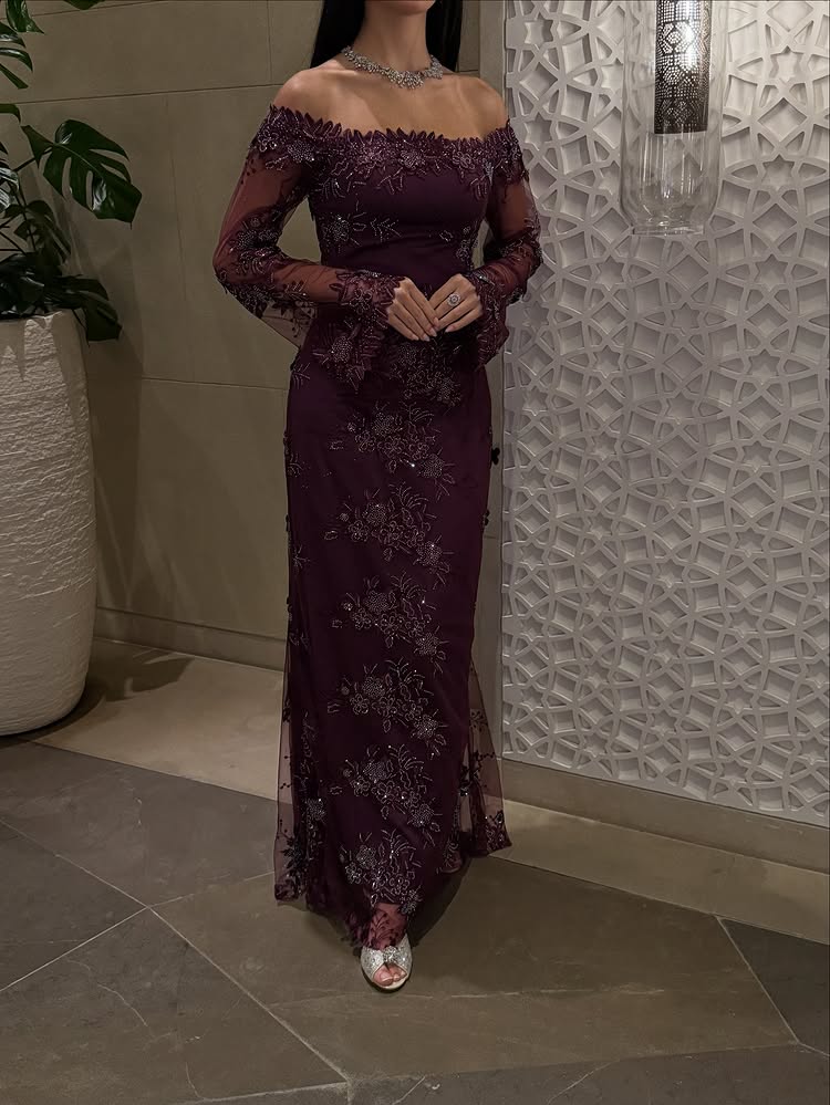 Purple Off the Shoulder Long Sleeve Sparkle Mermaid Evening Dress