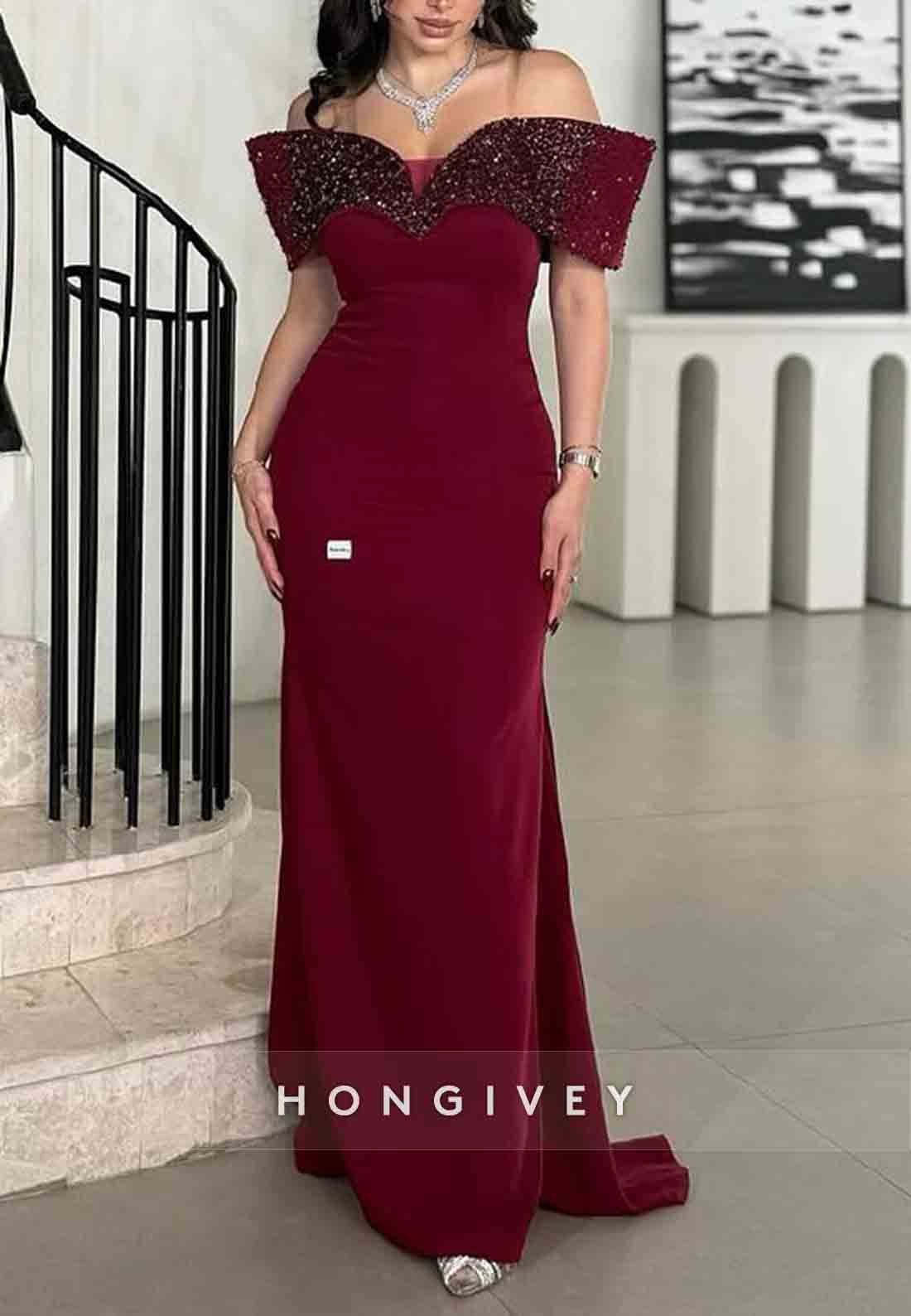 Burgundy Off the Shoulder Column Floor-Length Shawl Beading Evening Gowns