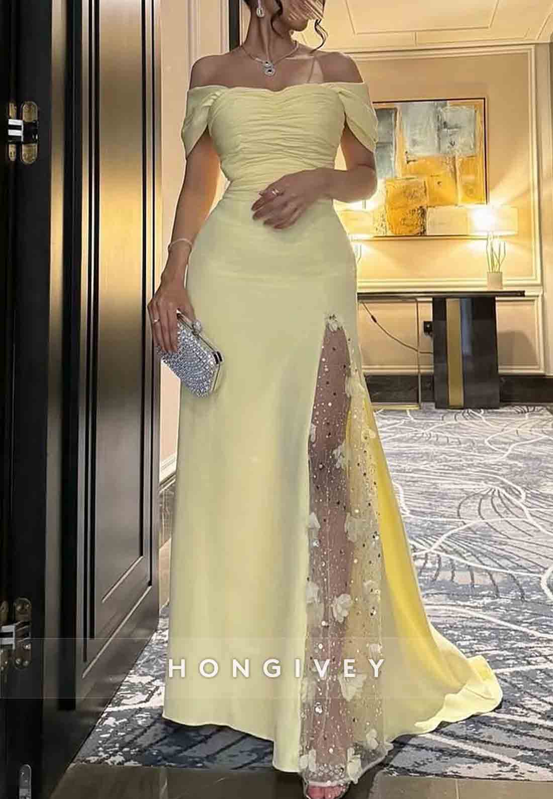 Low Back Off the Shoulder High Slit Butterfly Long Sleeves Floor-Length Evening Gowns