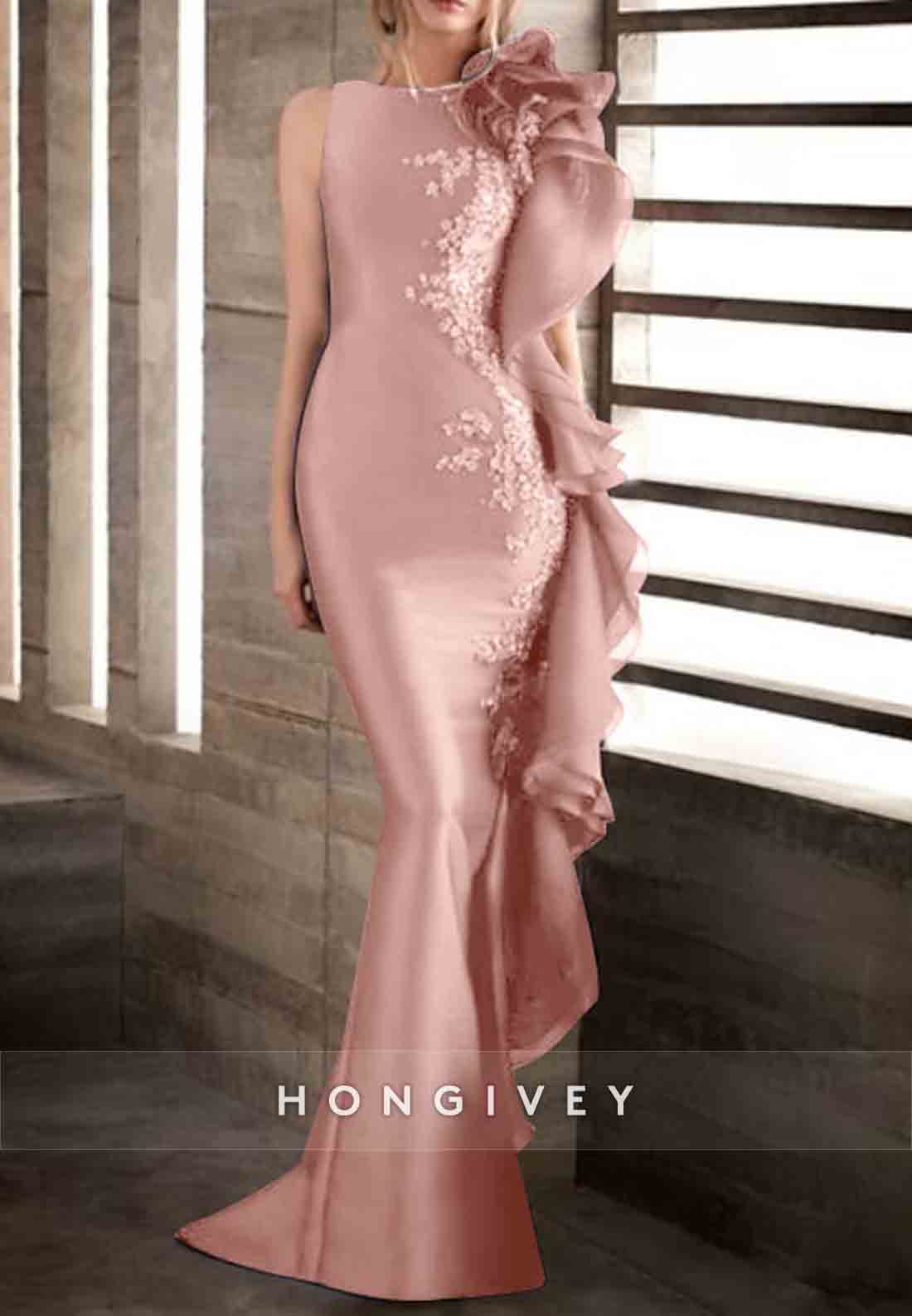 Sleeveless Satin Mermaid Floor-Length Appliqued Evening Gowns with Ruffles