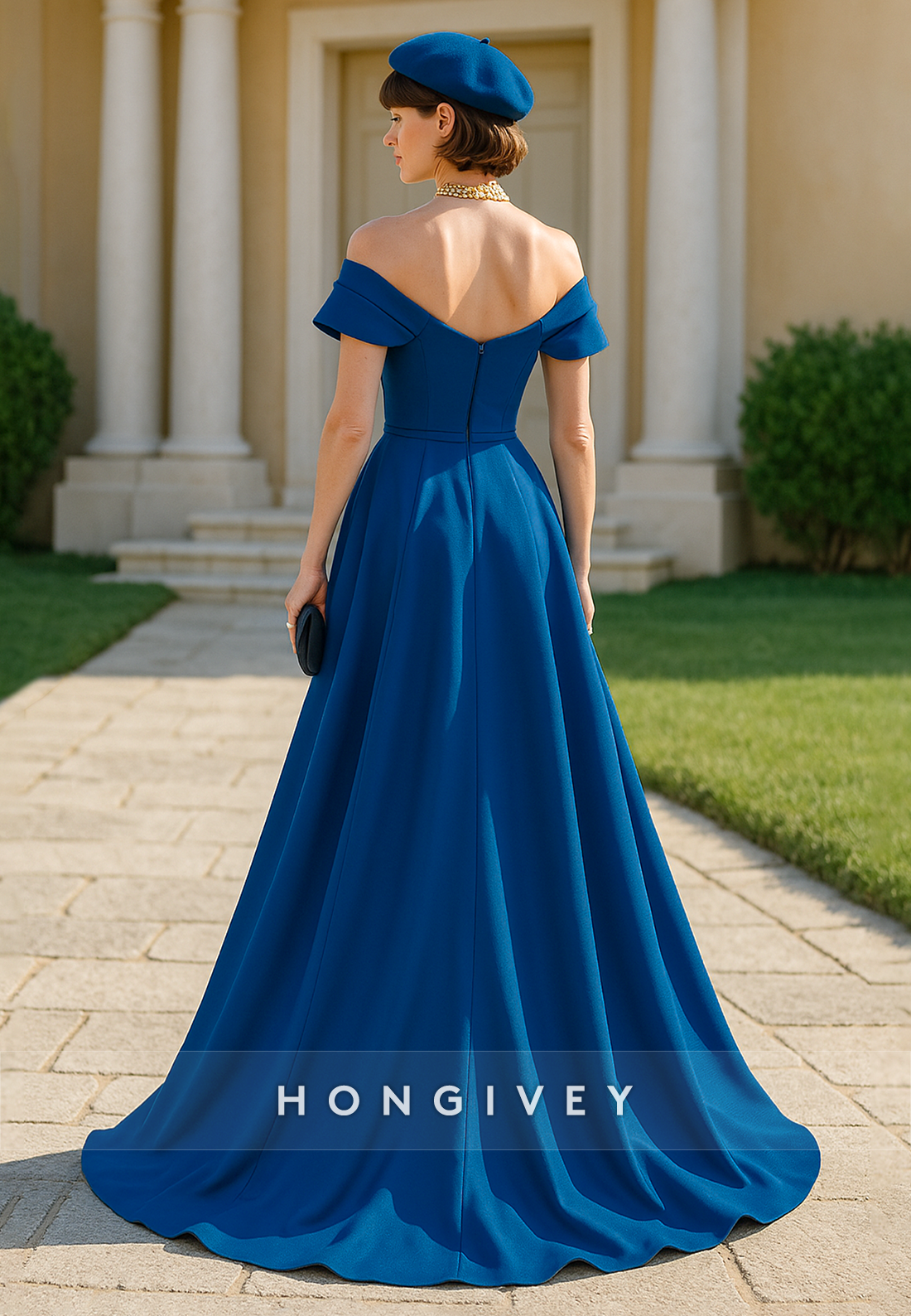 Off the Shoulder A-Line High Slit Floor-Length Mother of the Bride Dress with Waistband