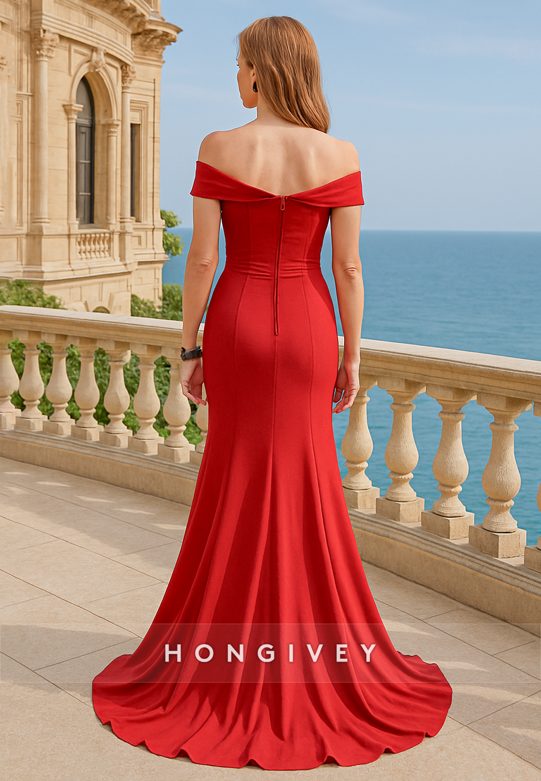 Red Off the Shoulder Side Slit Ruched Floor-Length Trumpet Mother of the Bride Dress