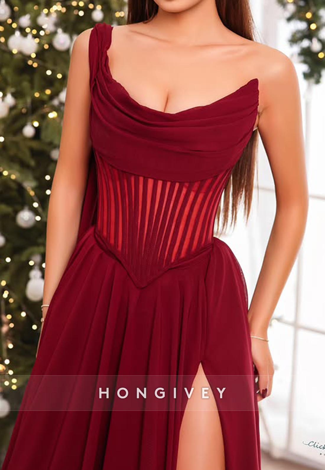 One Shoulder High Slit Couture Long Evening Prom Dresses2025