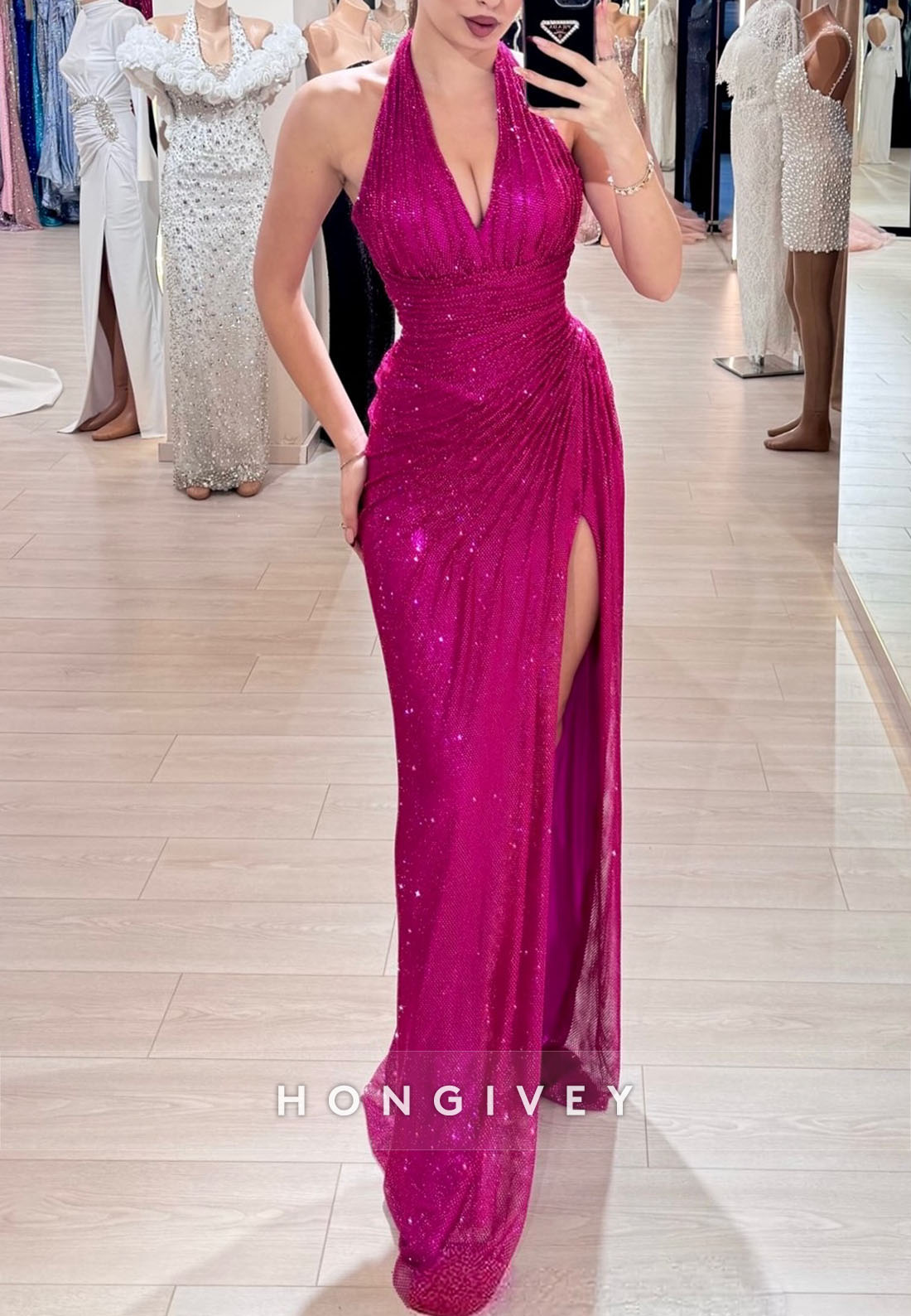 Floor-Length Side Slit Prom Dresses V Neck Halter Glitter Pleated Evening Gown