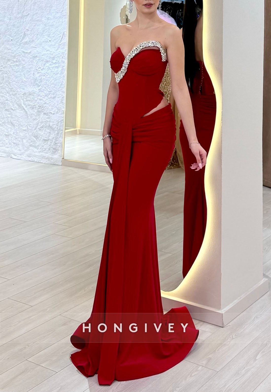 Elegant Sweep Train Strapless Pleated Sleeveless Mermaid Evening Gown