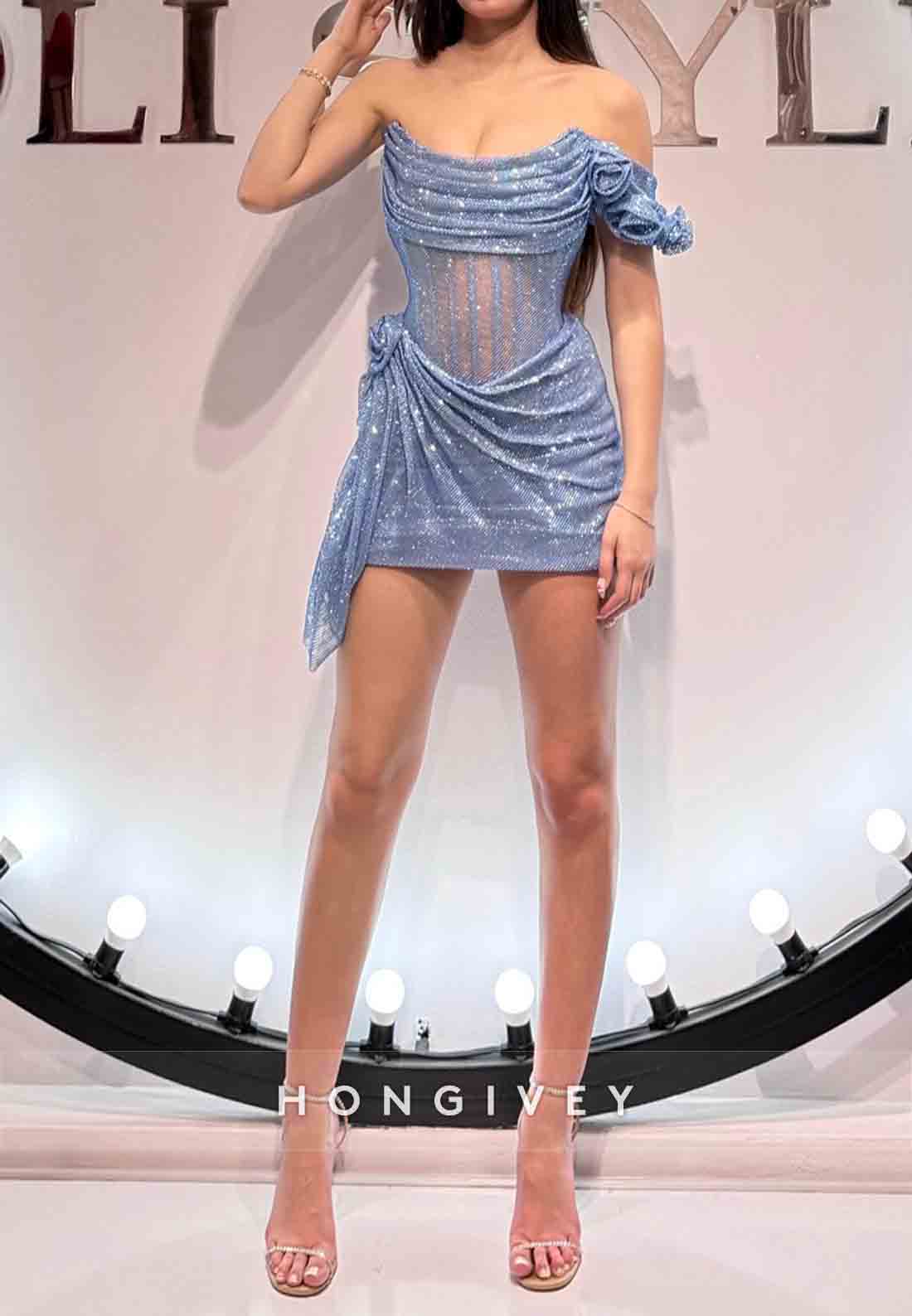 Glitter Off the Shoulder Sheath Pleated ruffles Party Mini Homecoming Dresses