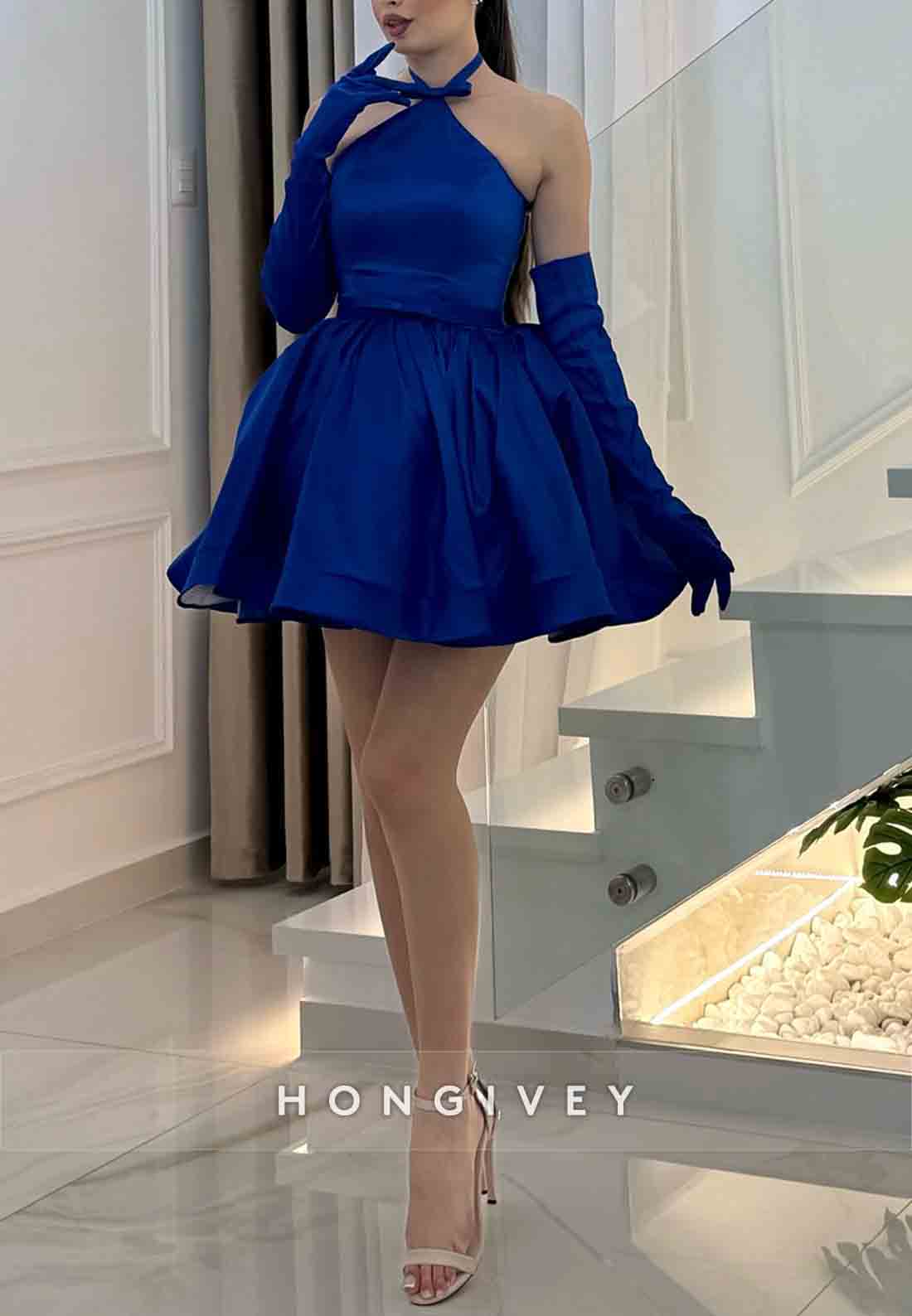 Halter Ball Gown Royal Blue Crisscross Back Short Homecoming Dresses