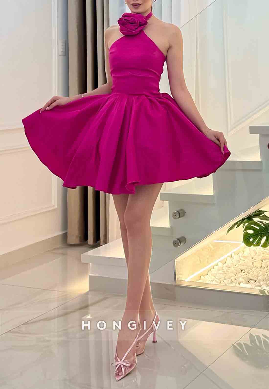 Short Ball Gown Halter with Flower Fuchsia Crisscross Back Party Homecoming Dresses