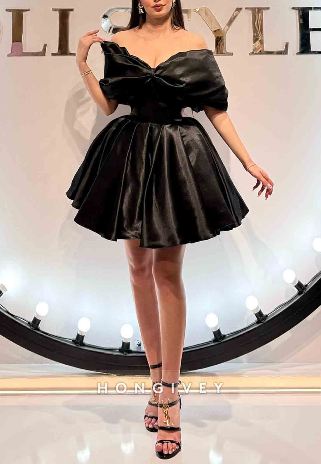V-Neck Satin Off the Shoulder Half Sleeves Pleated Princess Homecoming Dresses