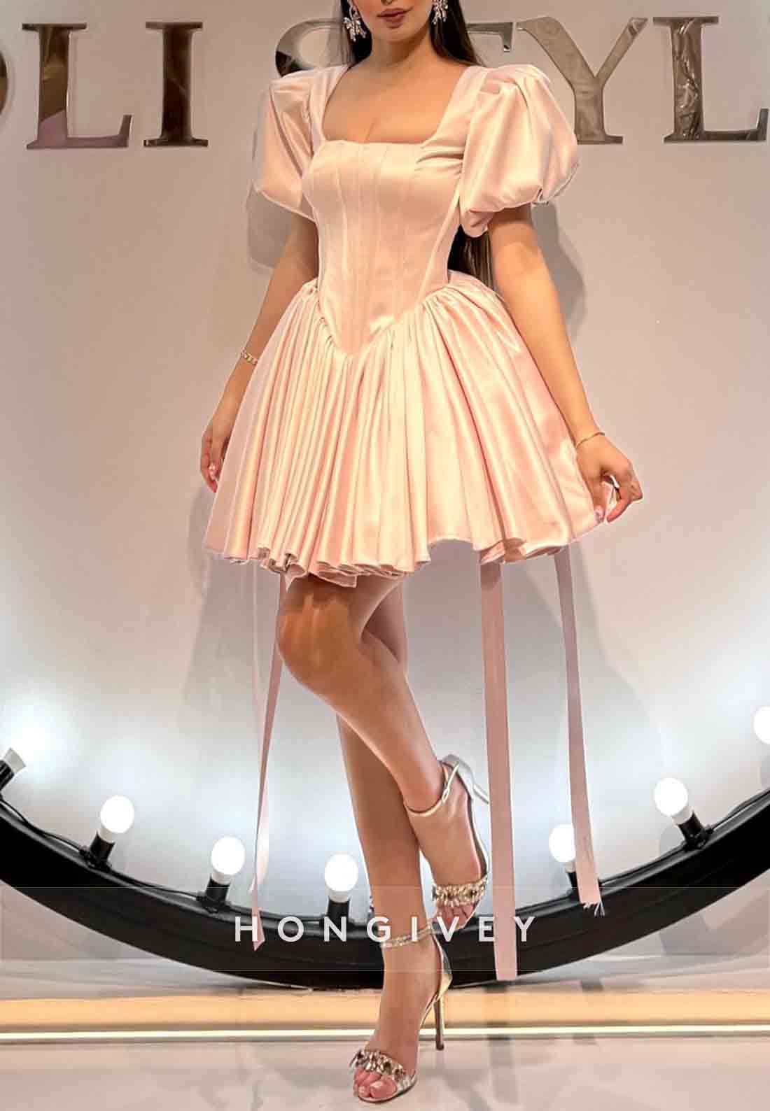 Short Sleeves Satin Pleated Square Neck Princess Short Homecoming Dresses