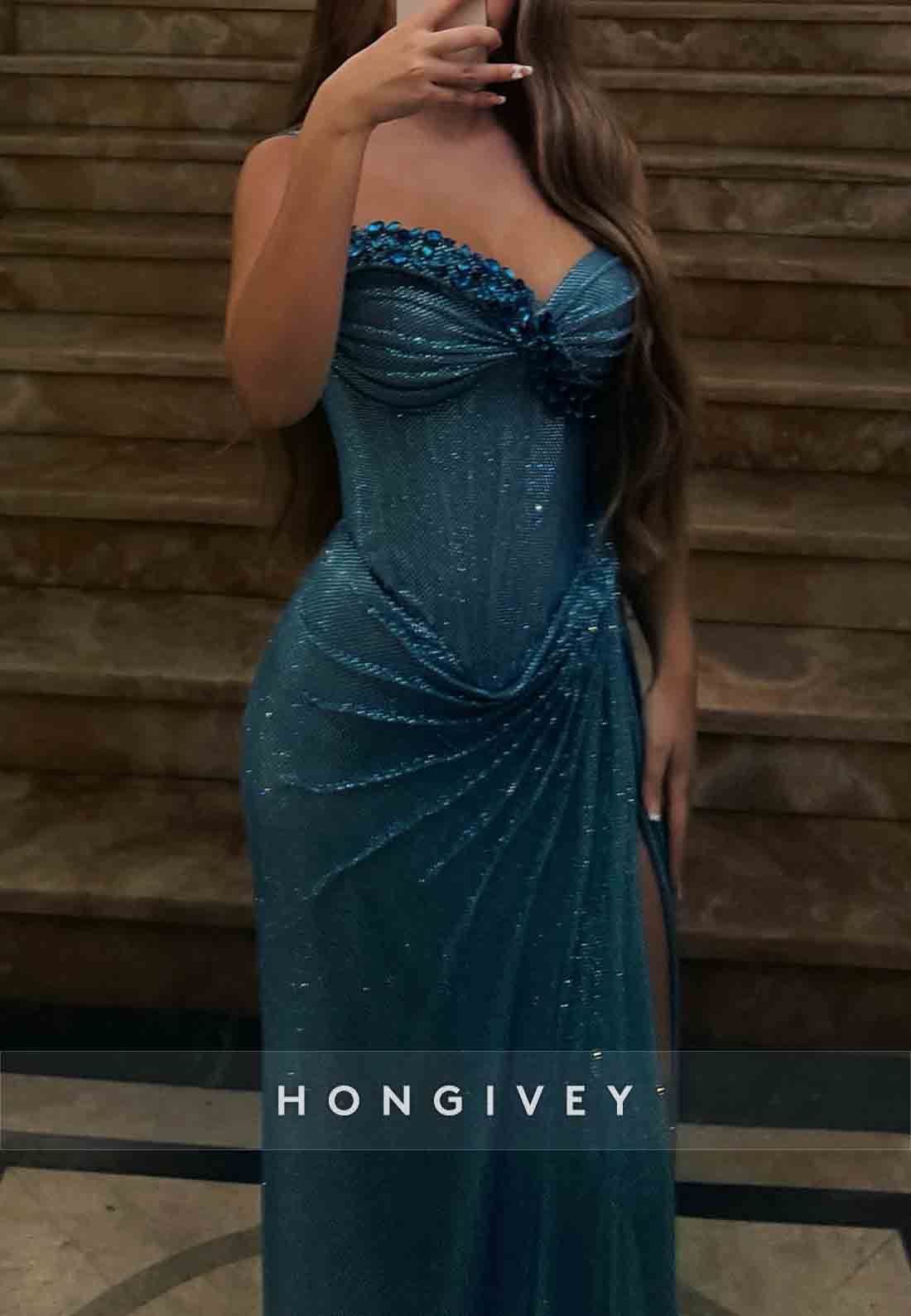 Sparkly Spaghetti Straps Glitter Column Evening Gowns with High Slit