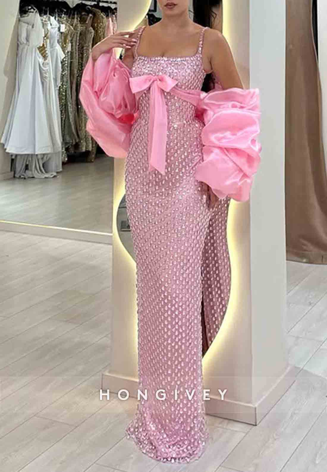 Sparkly Spaghetti Straps Pink Prom Dresses Square Neck Evening Gowns with Bowknot and Rhinestone