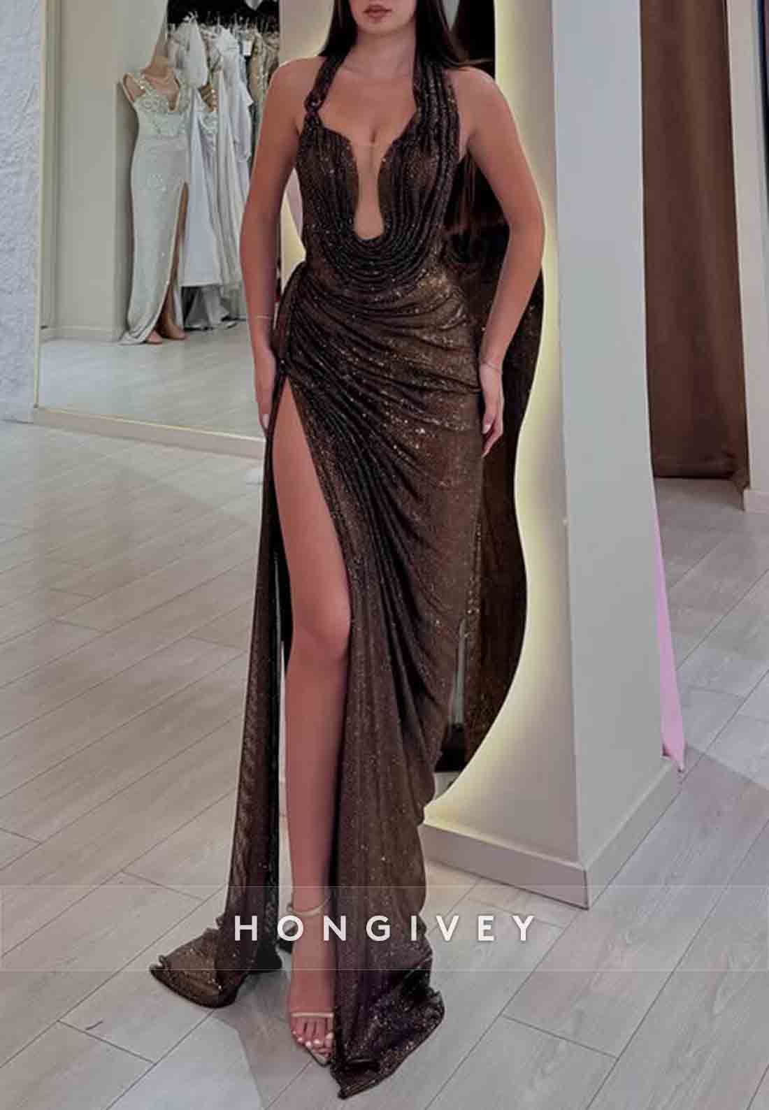 Halter Sheath Glitter Sleeveless Floor-Length Prom Dresses with High Slit