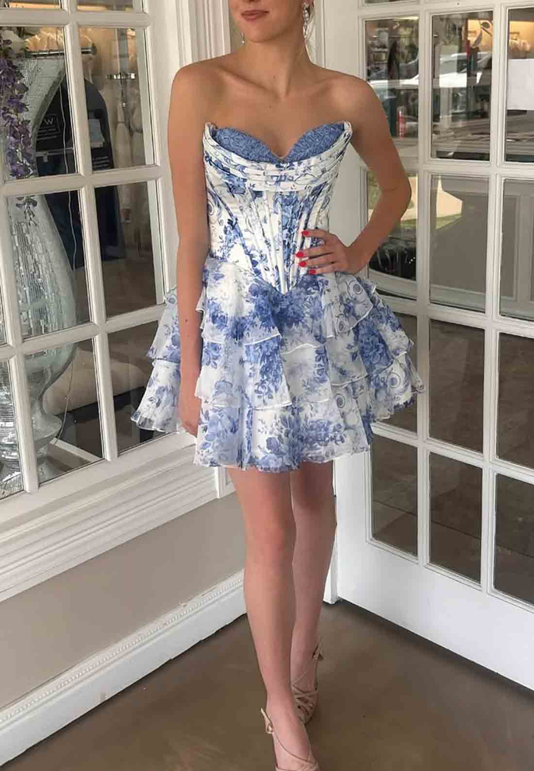 Floral Print Strapless Ruffles Sleeveless Pleated A-Line Short Homecoming dresses