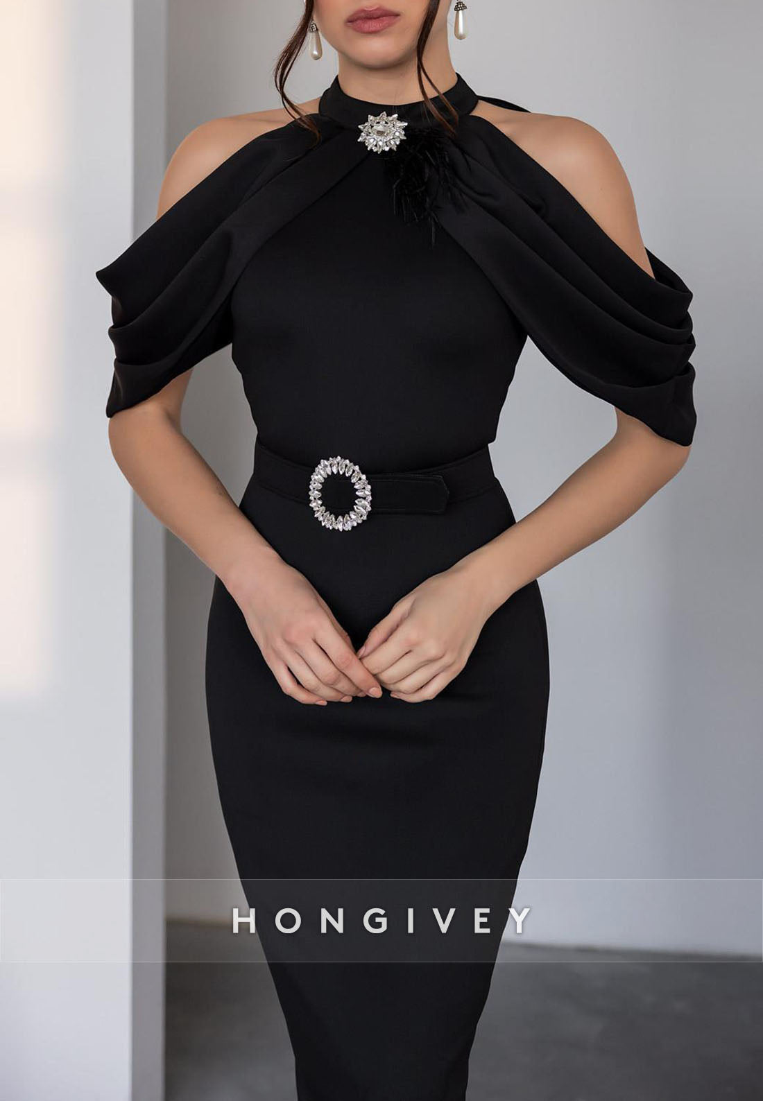 Tea-Length Column Formal Dresses Waistband Pleated Halter Evening Gown