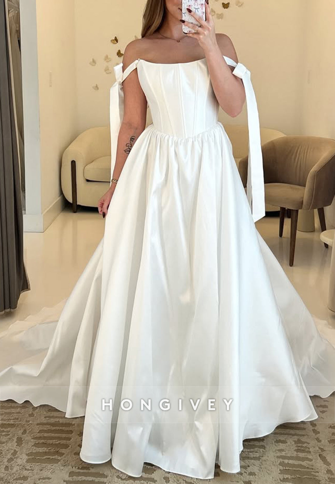 Off the Shoulder Bowknot Satin Pleated Court Train Princess Wedding Dresses