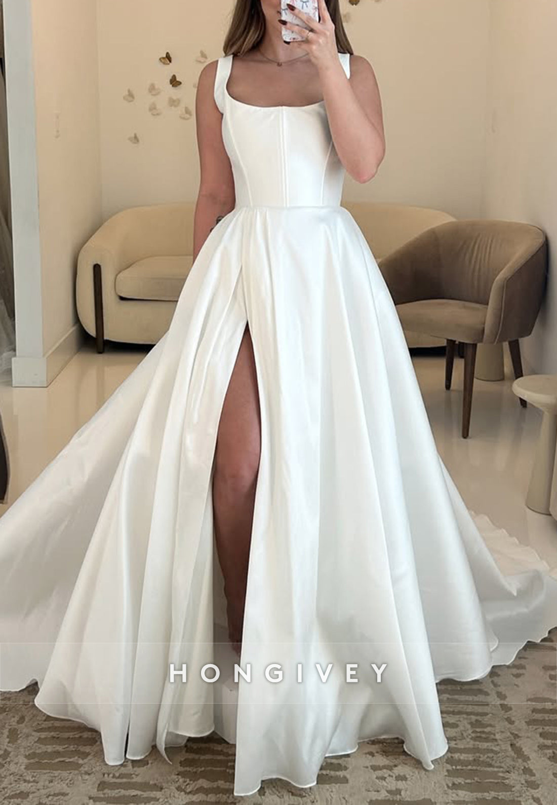 High Slit Satin Simple Sleeveless Court Train Pleated Princess Wedding Dresses