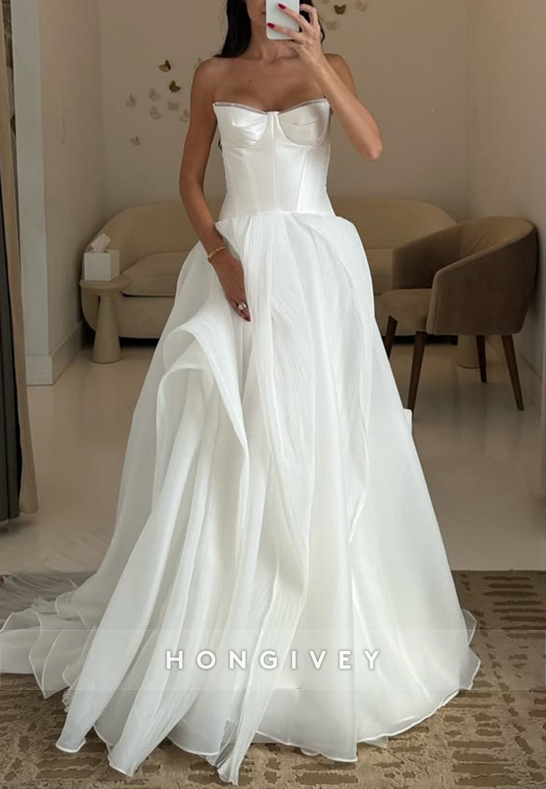 Ruched Strapless A-Line Sleeveless Tulle Sweep Train Wedding Dresses