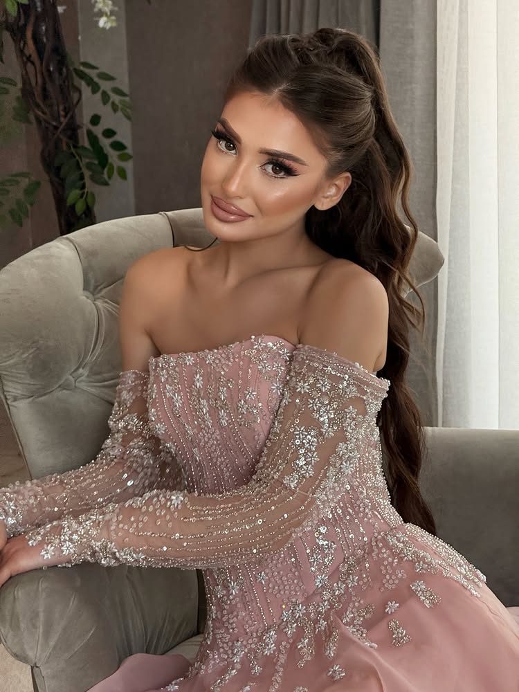 Off the Shoulder Lace Long Sleeve A-Line Sequins Sparkle Evening Dress