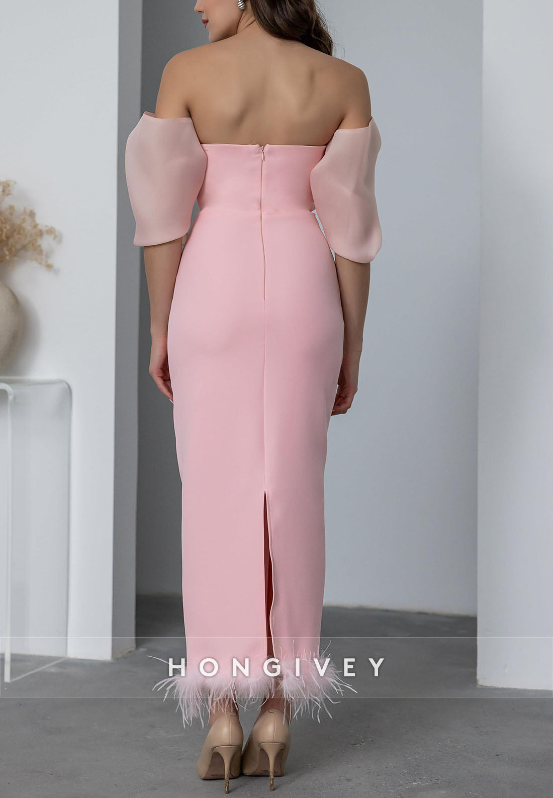 Ankle-Length Evening Gown Off the Shoulder Feather Chiffon Pleated Zipper Wedding Guest Dresses