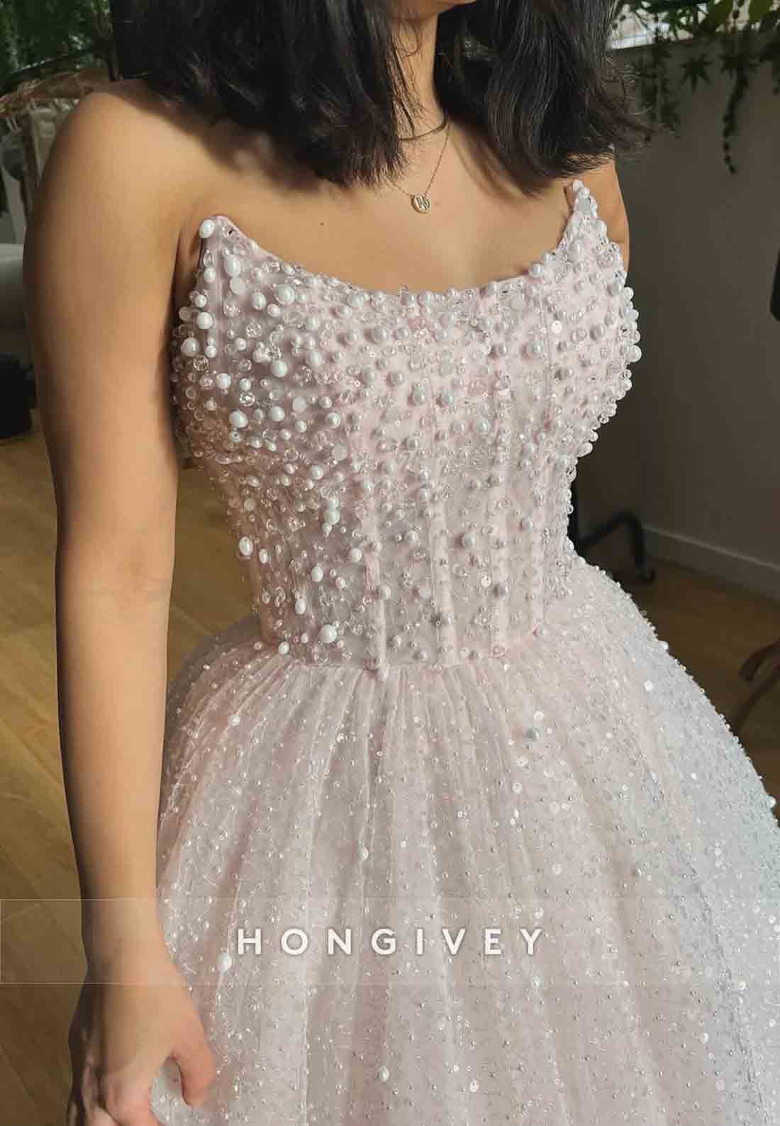 Sparkle Beading Strapless A-Line Floor-Length Sequined Wedding Dresses