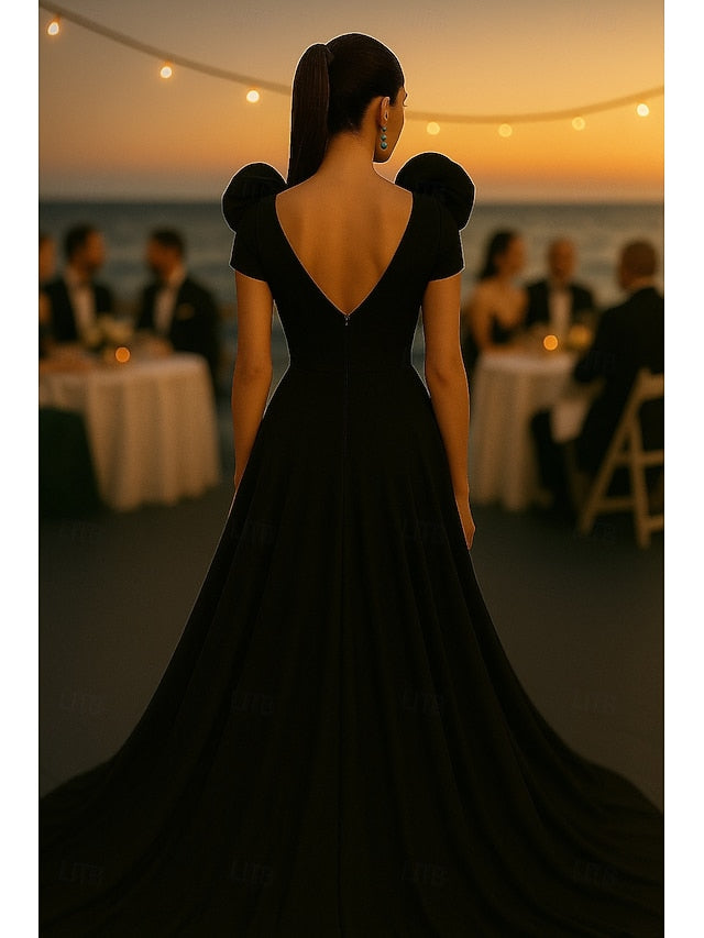 V-Neck Half-Sleeve Flowers A-Line Floor-Length Backless Evening Dress