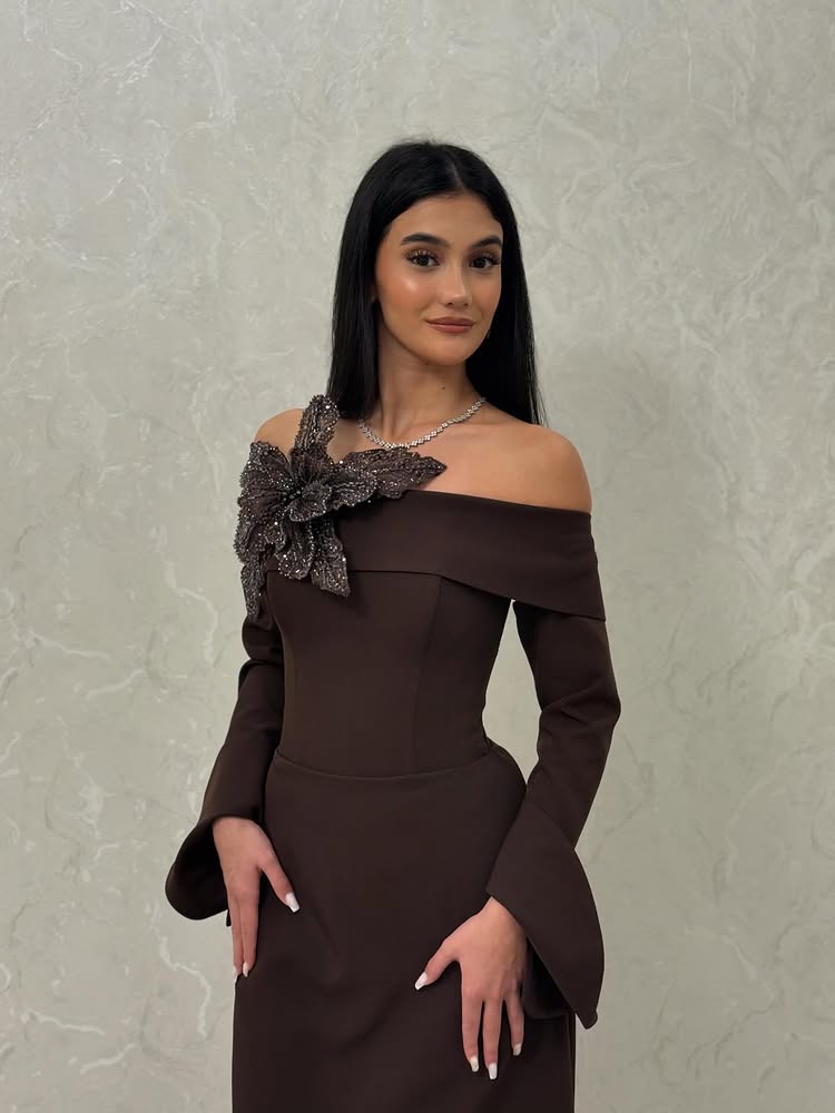 Off the Shoudlder Sequins Flowers Long Sleeve A-Line Evening Dress