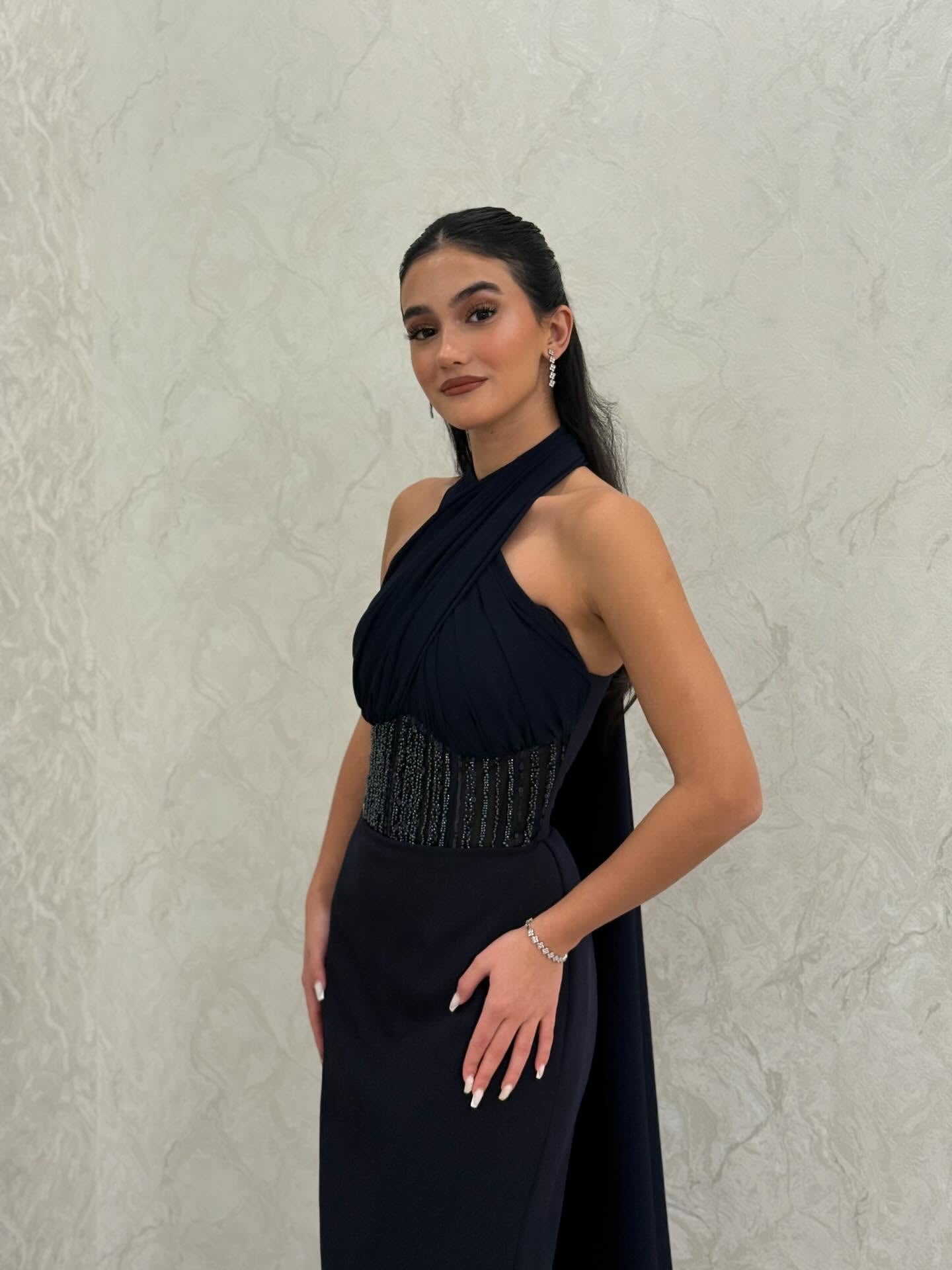 Simple Halter Sleeveless Beaded Sparkle Women Evening Dress Formal