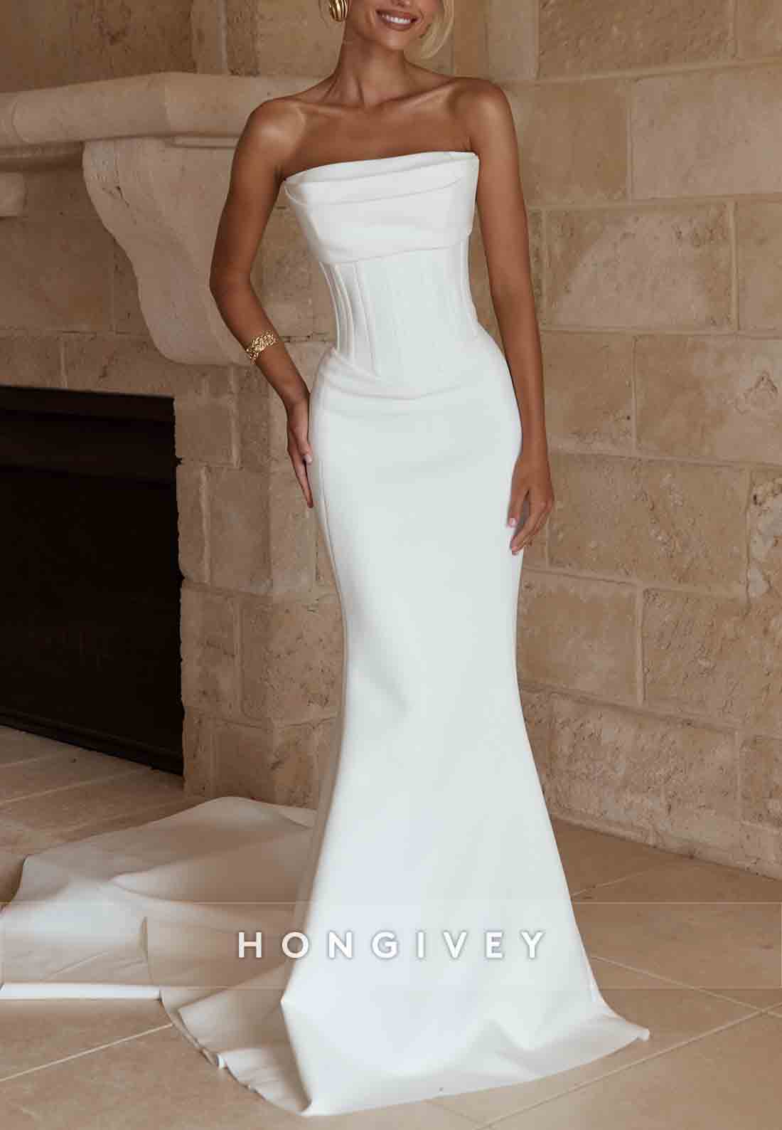 Simple Strapless Chapel Train Pleated Sleeveless Mermaid Wedding Dresses