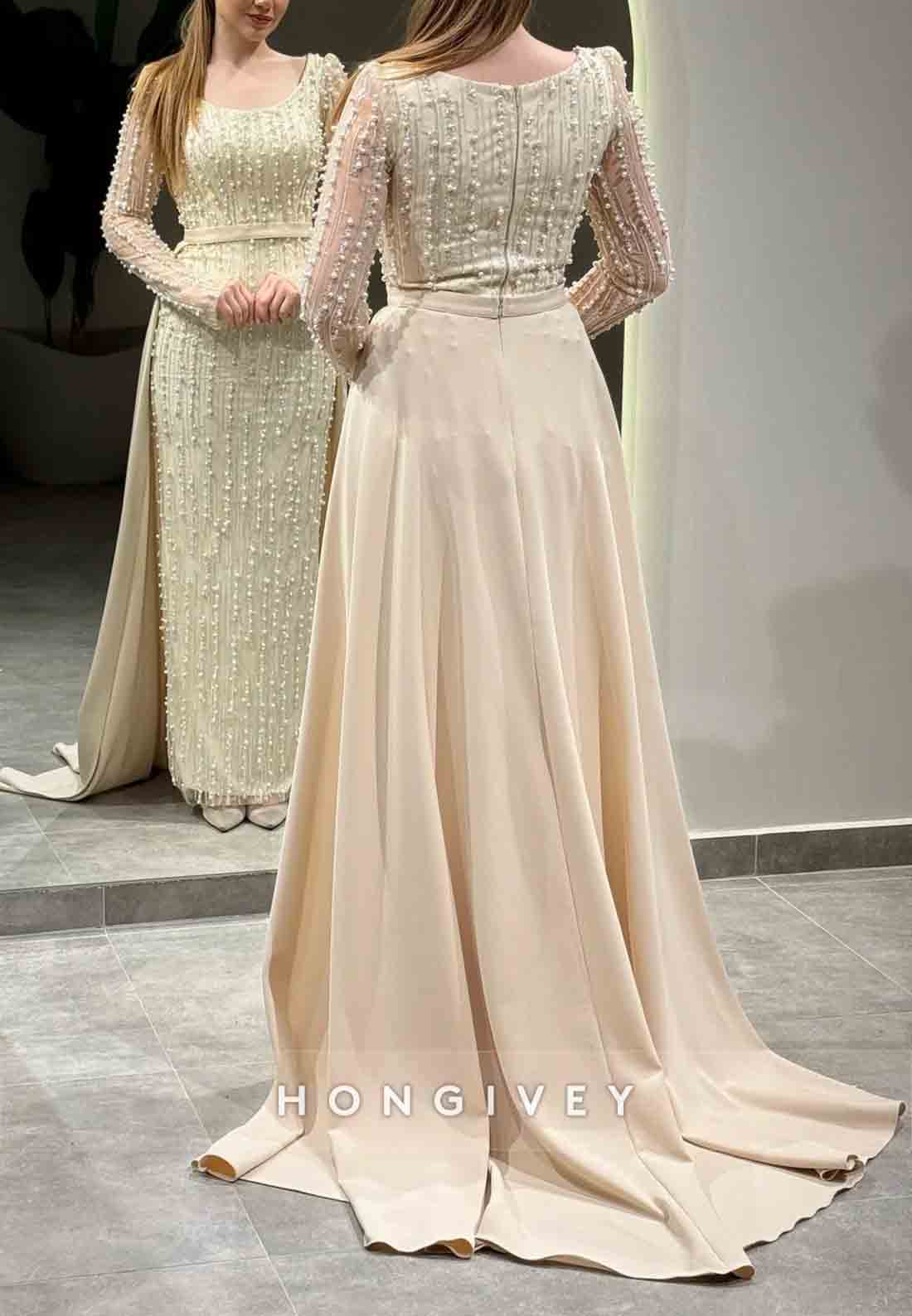Detachable Long Sleeves Beading Sheath Scoop Evening Gown