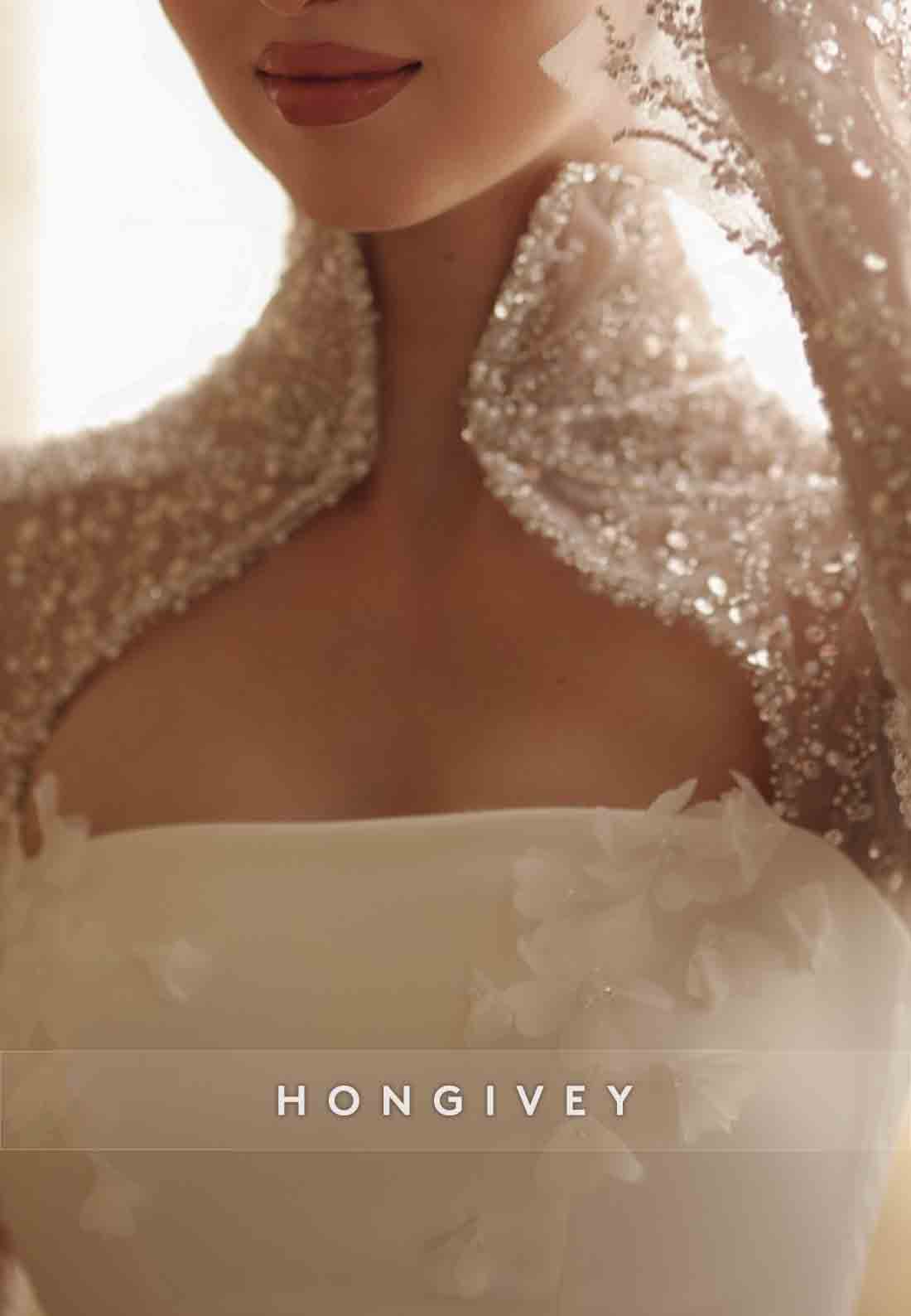 Long Sleeves Mermaid Satin High Neck Wedding Dresses with Beading