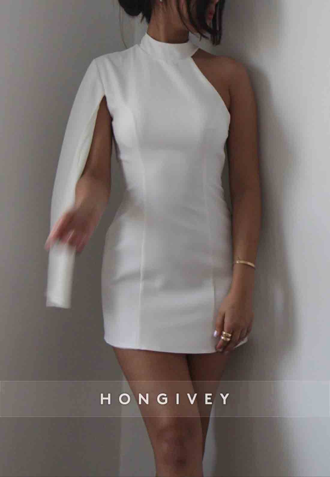 One Shoulder High Neck Sheath Simple Pleated Mini Homecoming Dresses