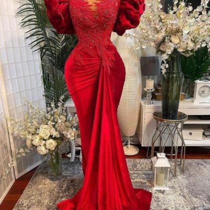 Puffy Sleeves Red Velvet Pageant Dress