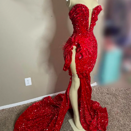 Sparkly Sequined Red Sweetheart Long Prom Dress For Black Girls Feathers Birthday Party Gowns High Slit