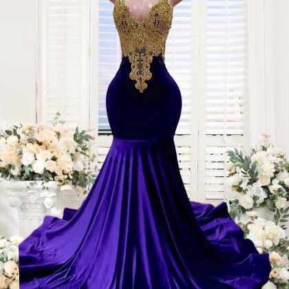 Royal Blue Lace Appliques Prom Dresses Beading Pearls Mermaid Formal Evening Gowns Velvet Party Dresses For Black Girls Party