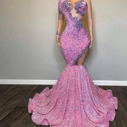 Sparky Sequin Mermaid Prom Dresses Long For Women Lace Appliques Mermaid Formal Evening Gowns One Shoulder Crew Neckline Party Dresses