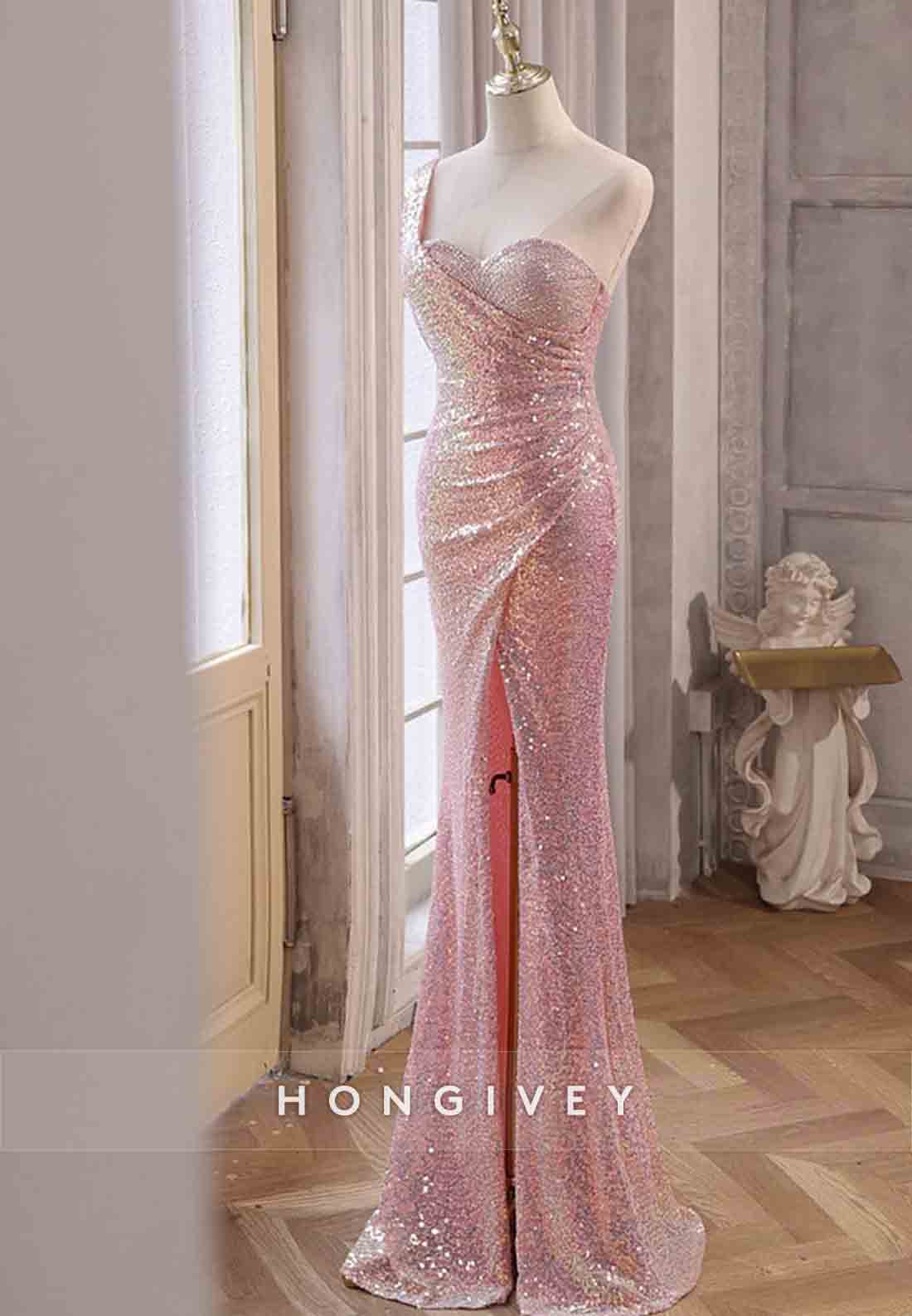 Sparkly Pink One Shoulder Sequined Floor-Length Mermaid Prom Dresses