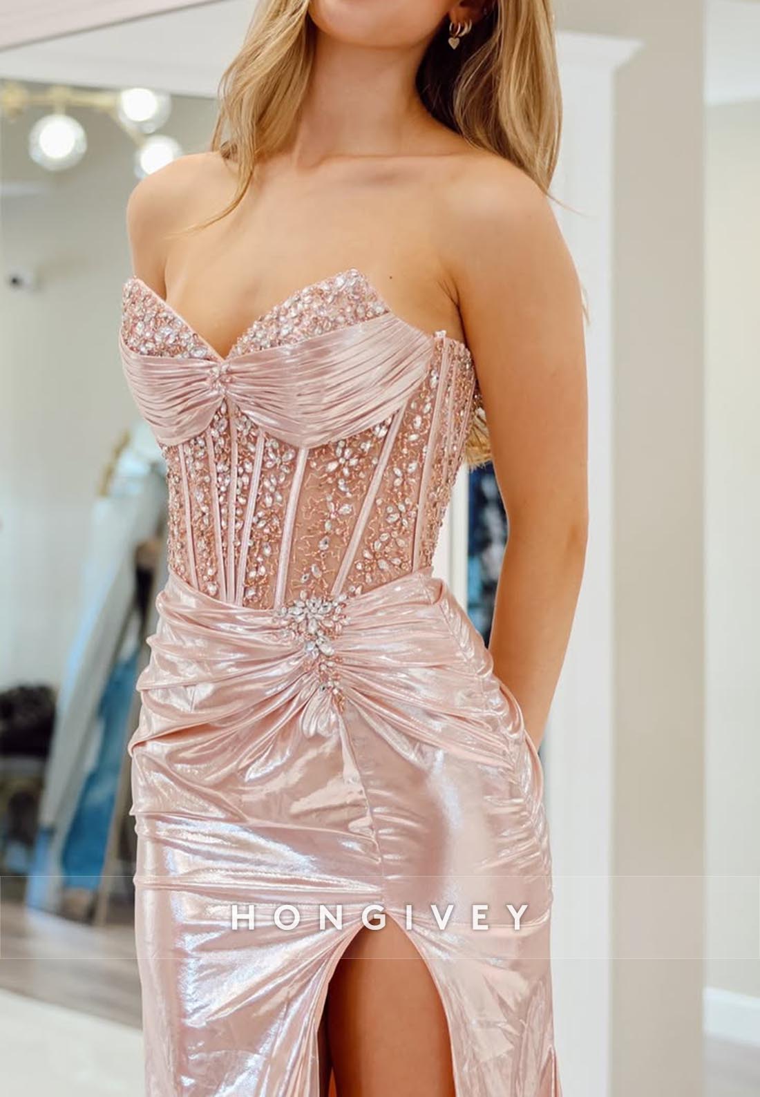 Sweetheart Corset Rhinestone High Slit Guest Long Prom Dresses With Sweep Train