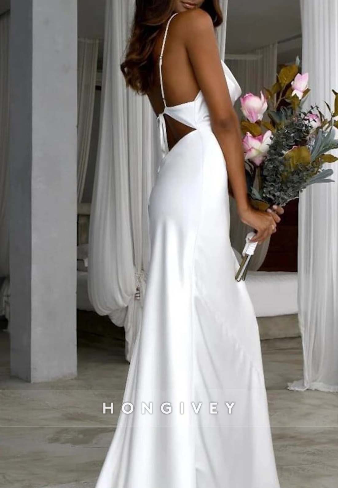 Cowl Neck Pleated Satin Floor-Length Sheath Spaghetti Straps Wedding Dresses