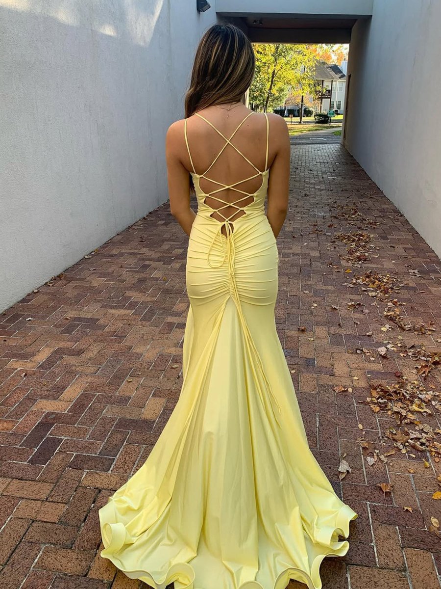 Yellow V Neck Satin Mermaid Long Prom Dress With Split