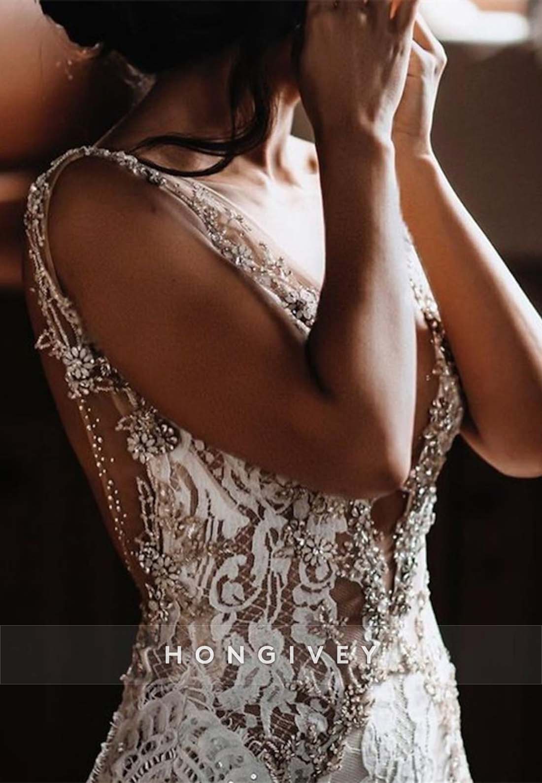 Backless Lace Sleeveless V Neck Pleated Regular Straps Trumpet Boho Wedding Dresses