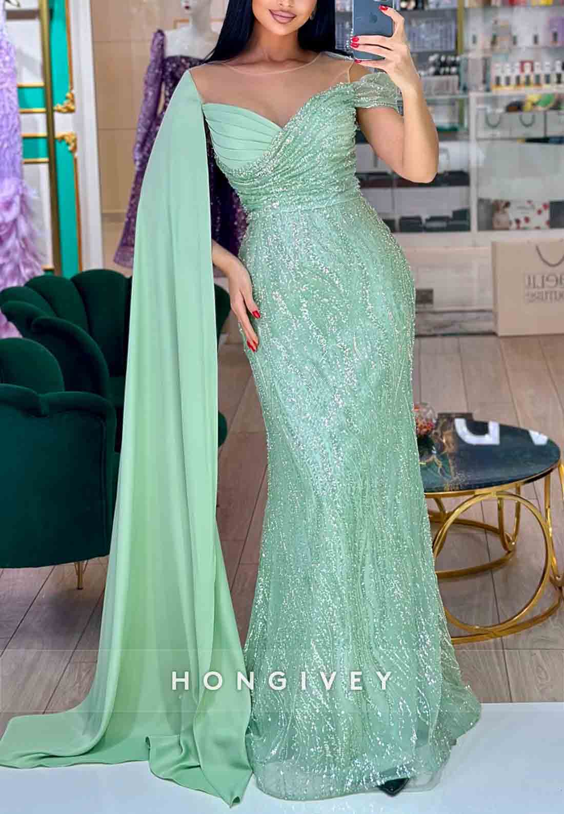 Turquoise Side Draping Floor-Length Trumpet Illusion Neck Evening Gowns