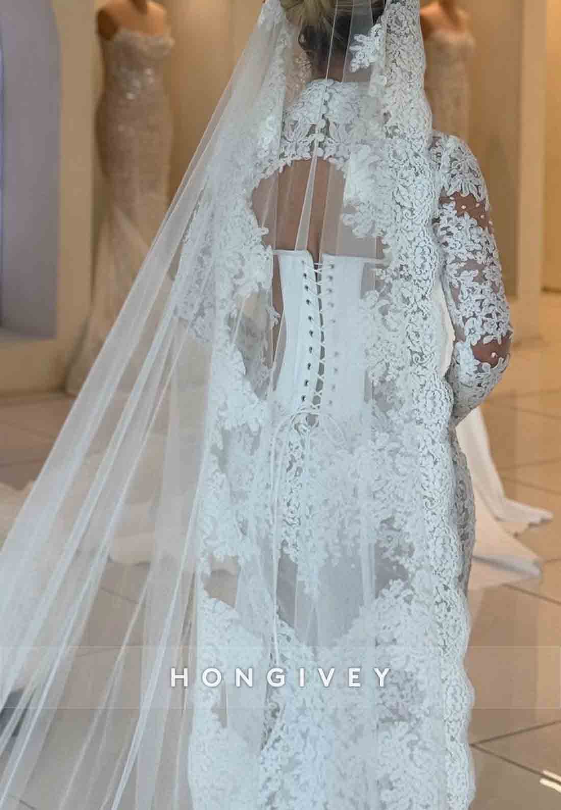 Lace High Neck Long Sleeves Tie Back Court Train Mermaid Wedding Dresses