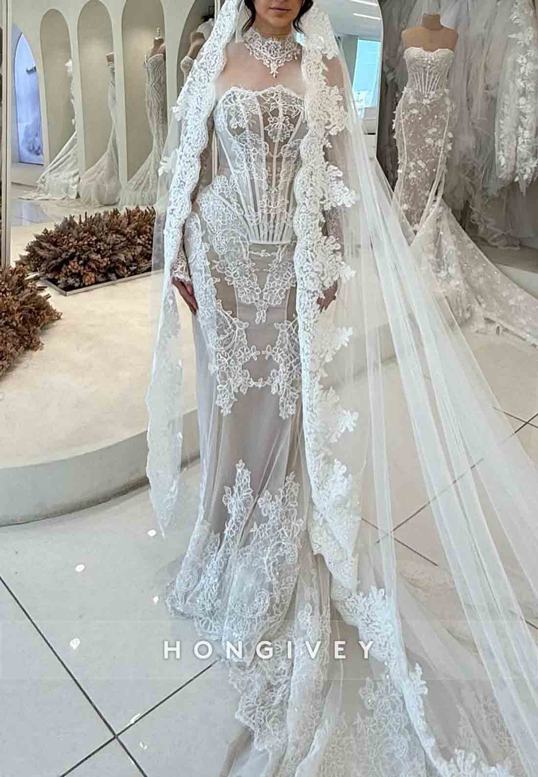 Lace High Neck Mermaid Corset Long Sleeves Illusion Wedding Dresses