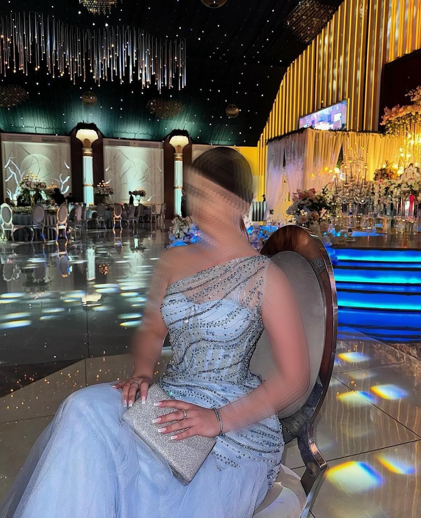 Blue One Shoulder Sheer Sleeveless Tulle A-Line Beaded Sparkle Evening Dress