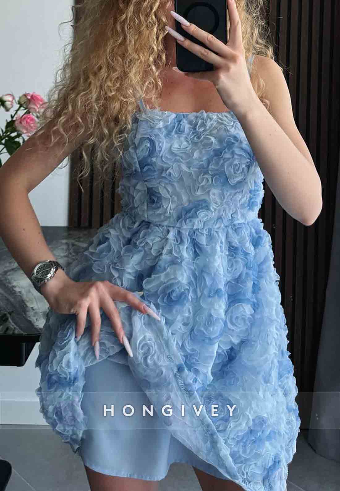 Blue Spaghetti Straps A-Line Square Neck Homecoming Dress with Ruched Flowers